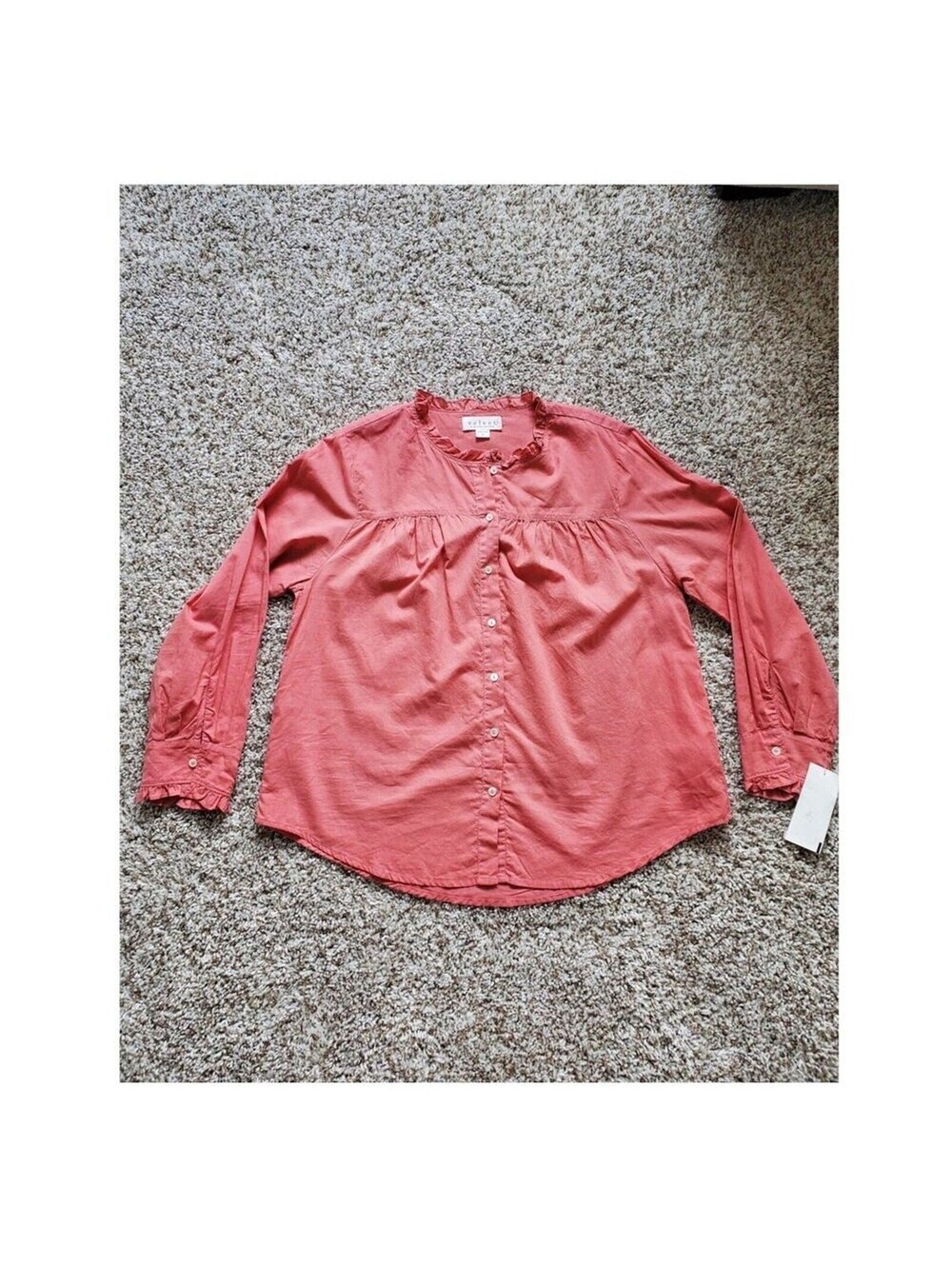 Velvet Ruffle Trim Long Sleeve Button Down Pink Berry Shirt Blouse Top M